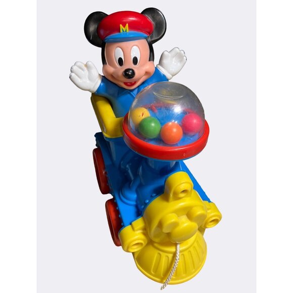 Disney Other - Disney Mickey Mouse Train Pull Toy Vintage Blue yellow Red Pop Balls Corn Popper